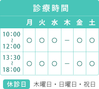 もりい矯正歯科クリニックの診療時間。休診日 木曜日、日曜日、祝日です。